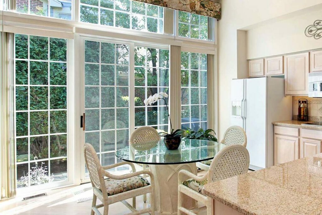 A modern kitchen with patio door